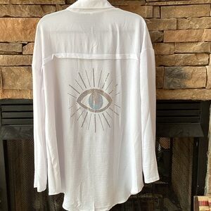 White oversized evil eye sequin blouse tunic coverup XL